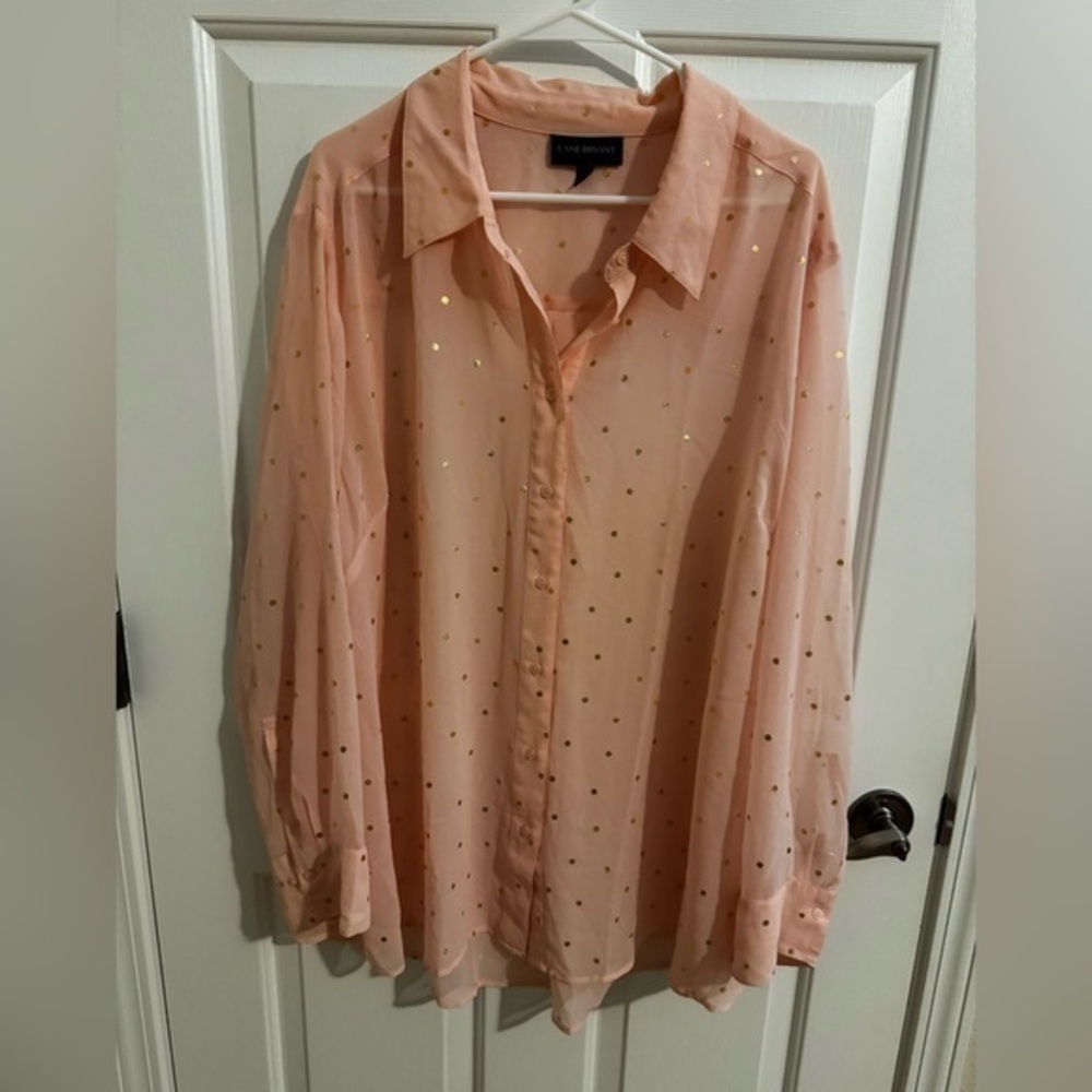 Lane Bryant Business Polka Dot Sheer Blouse Pink Gold Size 26/28 4X